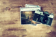 top view of old vintage camera and pictures  vintage effect proc