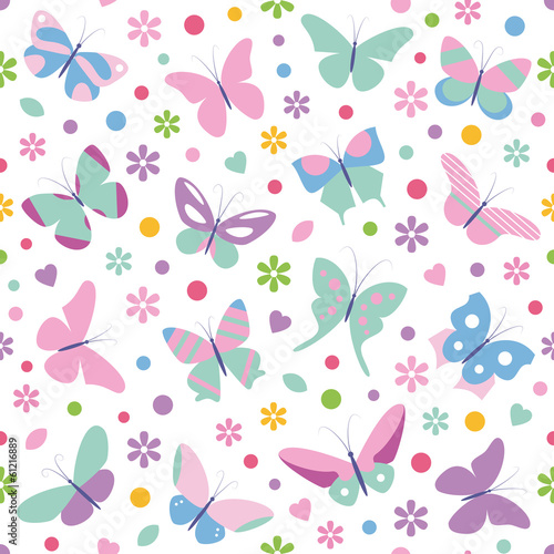 Fototapeta na wymiar butterflies flowers hearts and dots pattern