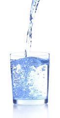 Poster - Pouring water into glass on blue background