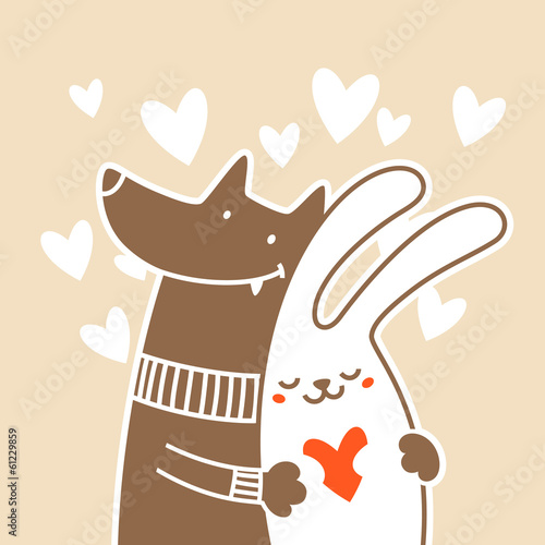 Fotoboard na płycie Kreskówka valentine para wilk i króliczek