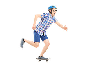 Sticker - Young man with helmet riding a small skateboard