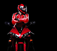 Motorcyclist In Red  Looking To The Copy Space Area