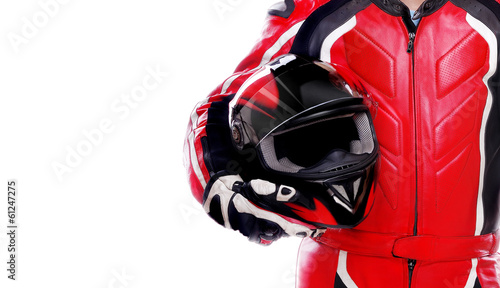 Obraz w ramie Closeup picture of a biker holding his helmet