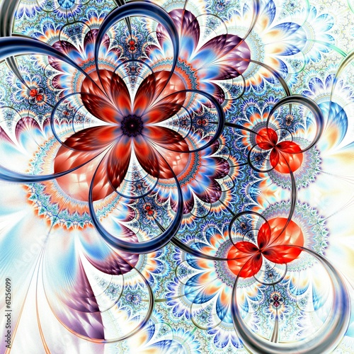 Fototapeta na wymiar Blue and red fractal flower, digital artwork