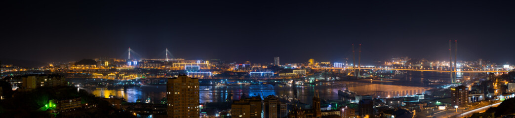Fototapete - High resolution panorama of Vladivostok cityscape, night view.