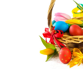  Easter basket with Easter Eggs and tulips