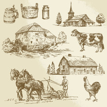 Rural Landscape, Farm, Hand Drawn Watermill