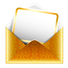 Patterned golden paper envelope with a postcard on white backgro