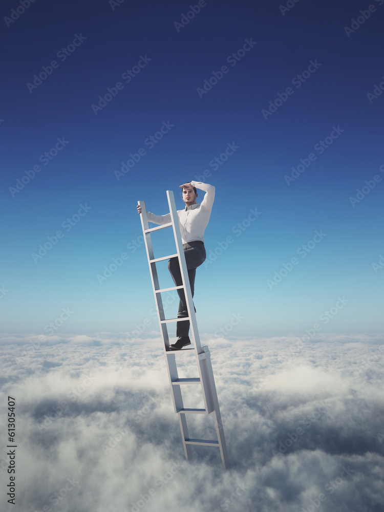 Businessman on a ladder above the clouds looking far away Stock ...