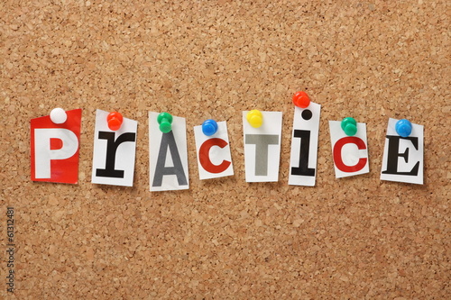 Fotografie, Obraz The word Practice on a Cork Notice Board