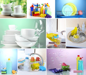 Sticker - Collage of washing dishes, close-up