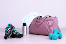 Sports Bag With Sports Equipment In Gymnasium