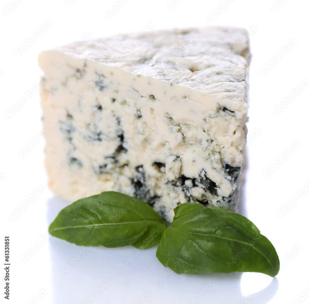 Tasty blue cheese with basil, isolated on white