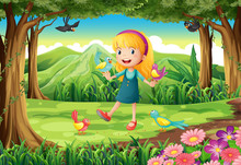 A Young Girl At The Forest With Birds