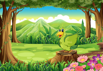 Wall Mural - A green bird above the stump at the forest