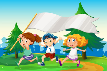 Poster - Three kids running with an empty flag banner