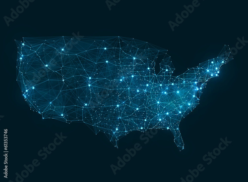 Obraz na płótnie canvas trzyczęściowy "tryptyk" Streszczenie sieci telekomunikacyjnej mapę - usa
