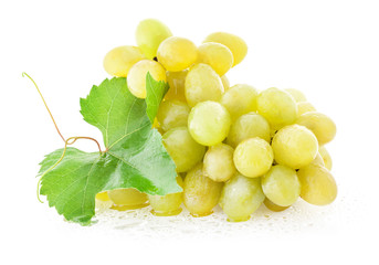 Wall Mural - Ripe grapes with leaves isolated on white background