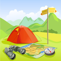 travel set, tent, mountain landscape