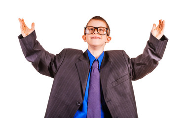 boy businessman in big suit. isolated