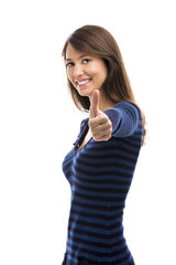 Wall Mural - Beautiful woman with thumbs up isolated over a white background