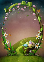 Beautiful Spring Frame With Flowers And Easter Eggs.