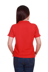 female with blank red polo shirt (back side)