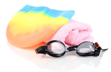 Wall Mural - Set for pool: swim cap, goggles and towel isolated on white