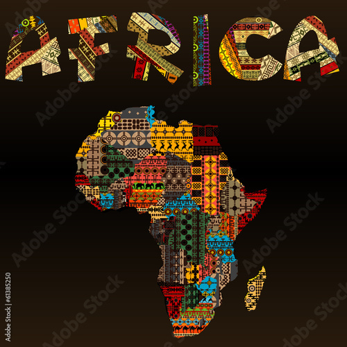 Cuadros en Lienzo Africa map with African typography made of patchwork fabric text