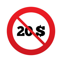 No 20 Dollars sign icon. USD currency symbol.