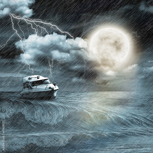Plakat na papierze fotorealistycznym Łódź w wieczór burza na ocean i księżyc