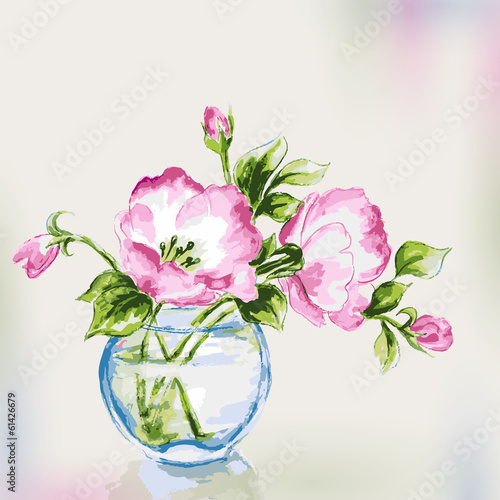 Obraz w ramie Spring watercolor flowers in vase. Greeting Card.