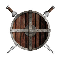 Wall Mural - Two swords behind wooden round shield isolated