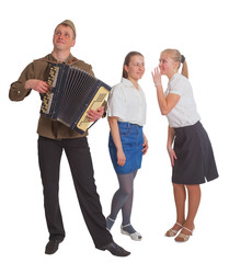  Two girls and a guy with an accordion