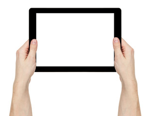 Sticker - adult man hands holding generic tablet pc with white screen