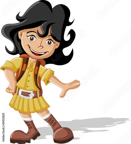 Cute playful cartoon girl in explorer outfit