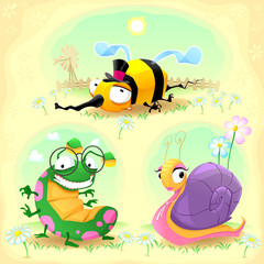 Fototapete - Two funny insects and one snail. with background.