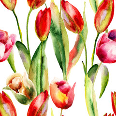 Sticker - Seamless wallpaper with Original Tulips flowers