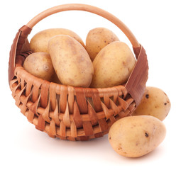 Wall Mural - Potato tuber  in wicker basket isolated on white background