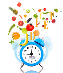 Poster - Diet concept with clock, scale dial, fruits and vegetables.