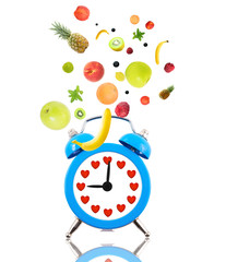 Poster - Diet concept, alarm clock ringing,hearts and fruits