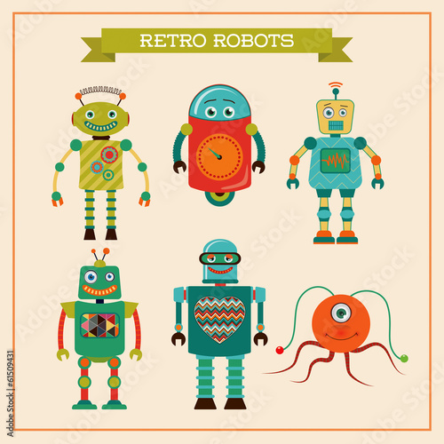 Naklejka samoprzylepna Zestaw cute retro rocznika robotów