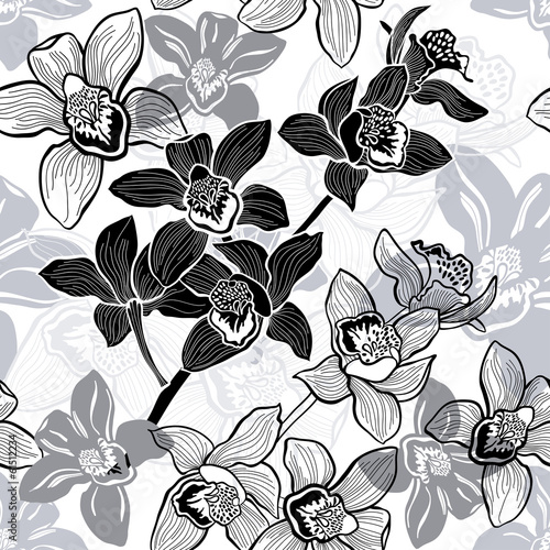 Fototapeta na wymiar Monochrome seamless background with hand drawn orchids.