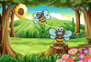 A forest with two bees near the beehive