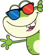 Cute Frog With 3D Glasses Looking Around A Blank Sign And Waving