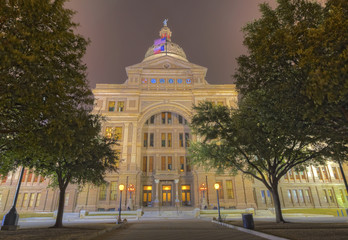 The front faade of the Texas Capitol building at night