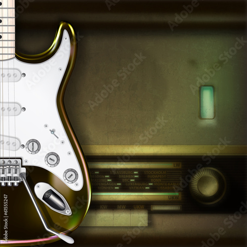 Obraz na płótnie canvas czteroczęściowy "tetraptyk" Abstrakcyjne tło z gitarą elektryczną i radiem retro