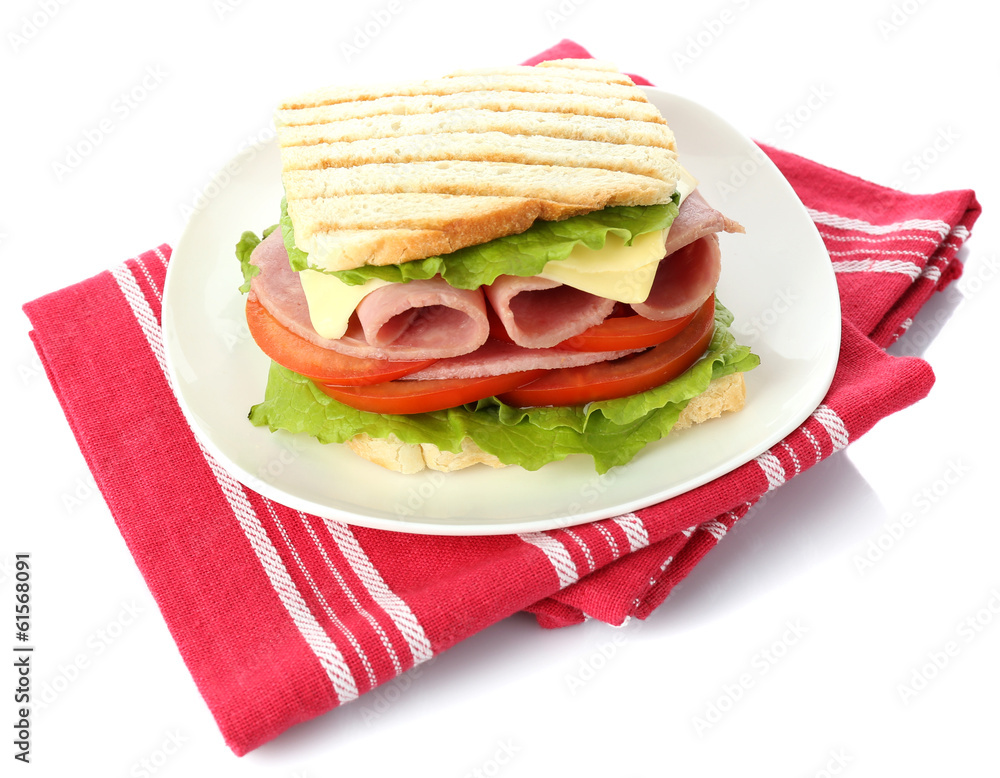 Tasty sandwich with ham, isolated on white