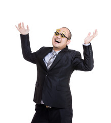 Wall Mural - Rich businessman wear dollar sign glasses and hand up