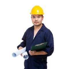 Wall Mural - Construction worker holding blue print and file pad